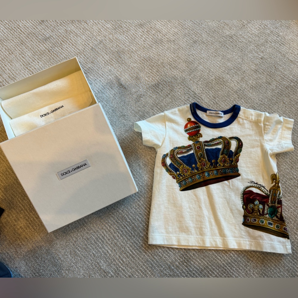 Dolce & Gabbana White Kids Short Sleeve Tee with Crown Print